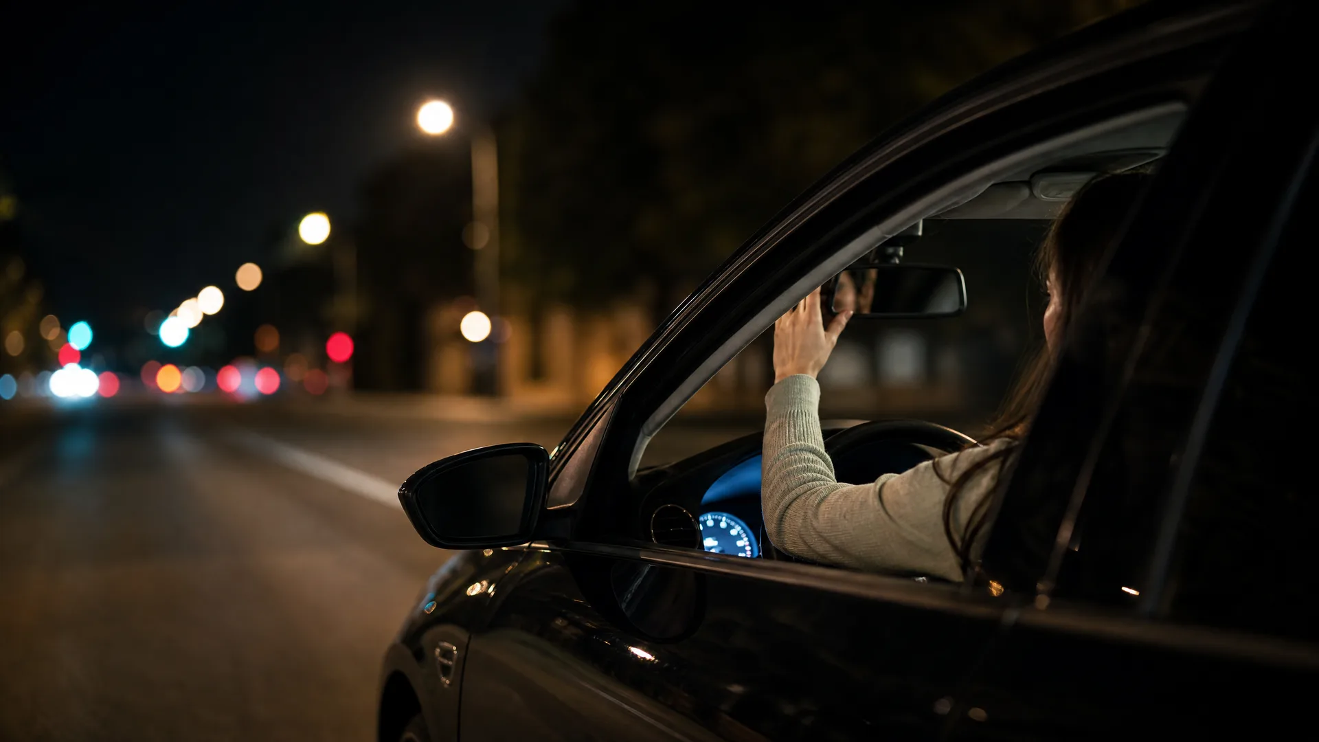 A woman with long dark hair sits in the driver's seat of a car at night, reaching toward the rearview mirror, with street lights and blurred city lights visible along the road behind.