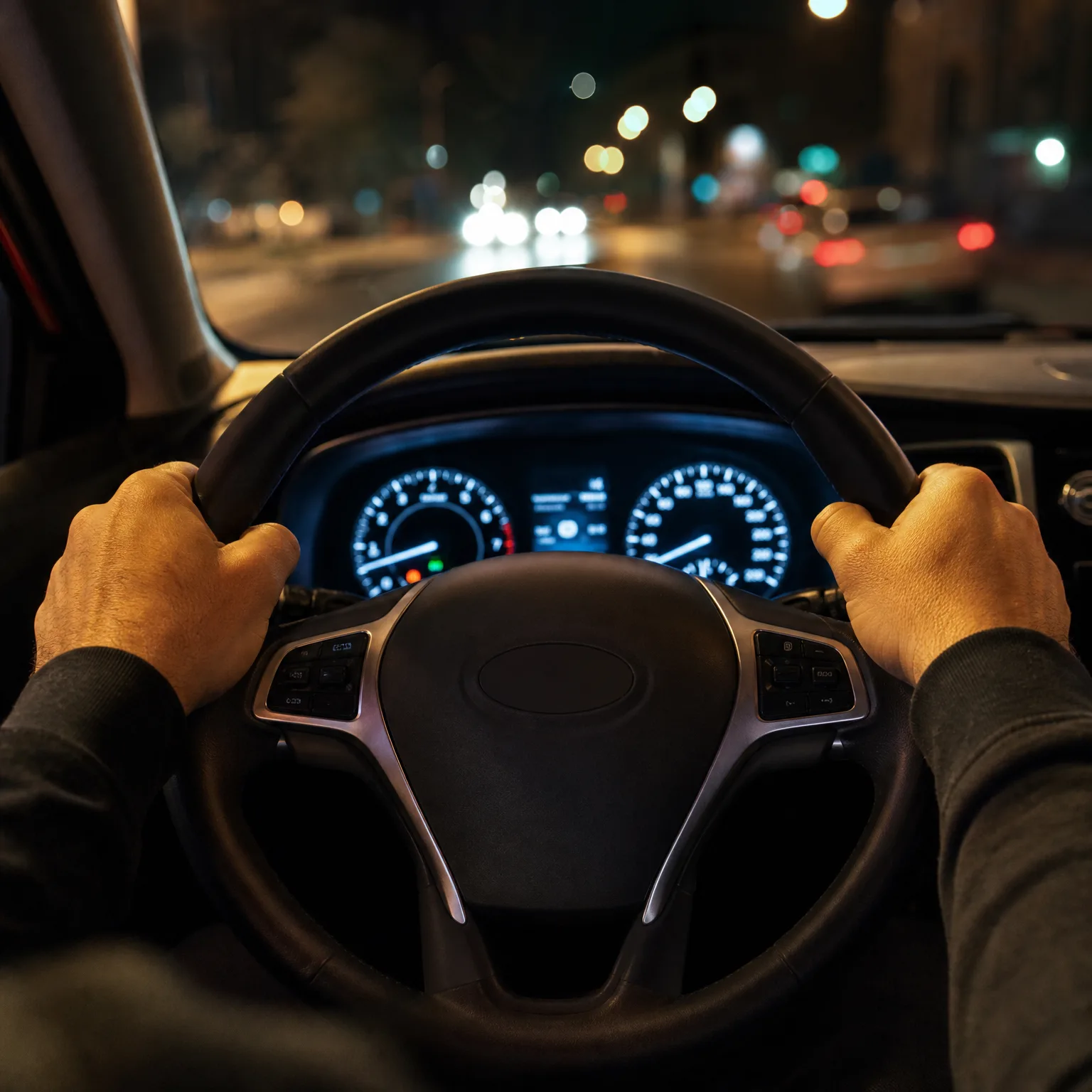 Driver's-eye view of two hands gripping a car steering wheel at night, with the illuminated instrument cluster visible and blurred street and vehicle lights through the windshield.