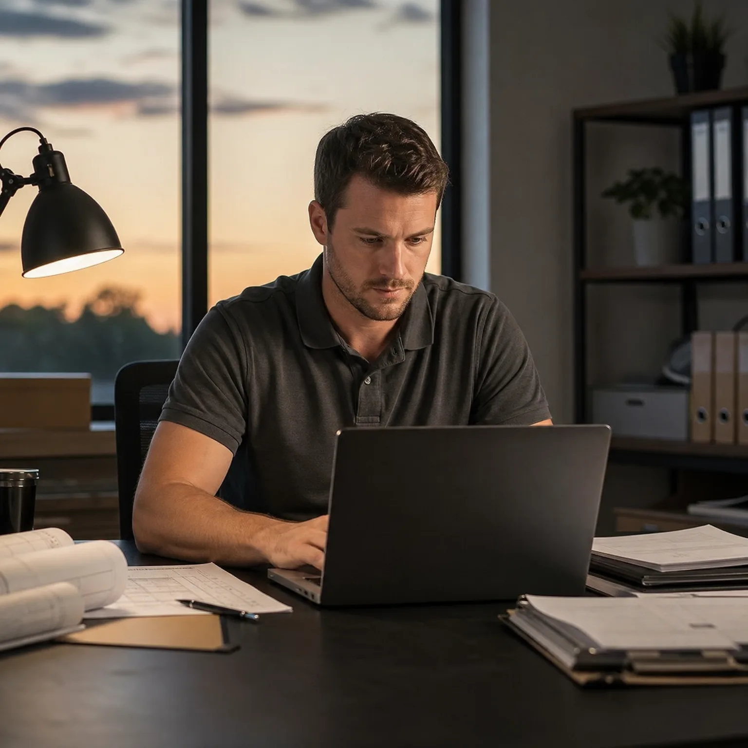 A man in a dark grey polo shirt works at a laptop on a dark desk with rolled drawings, binders and a pen, beside a window showing a sunset sky and a shelf with folders and plants.