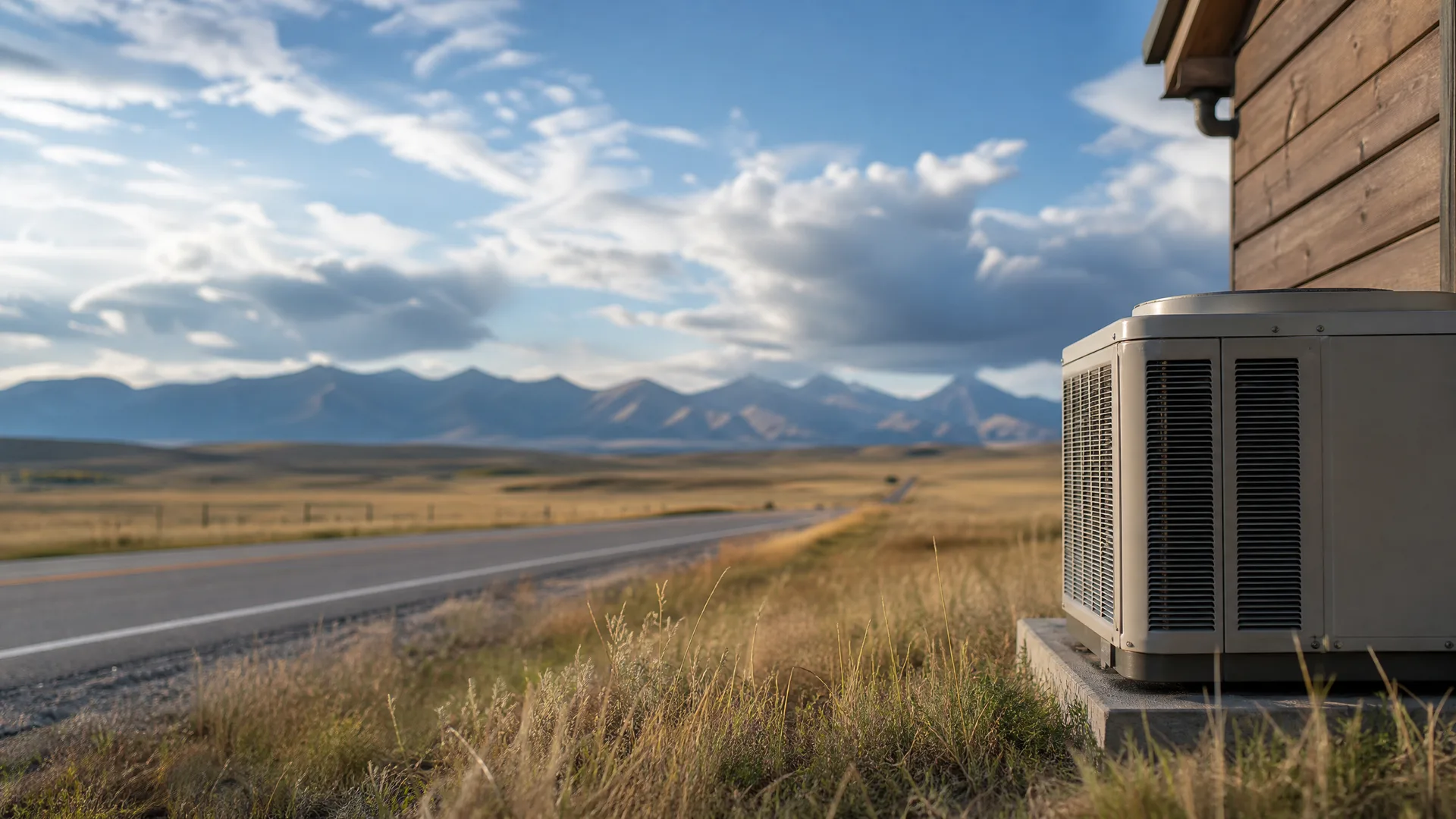 An outdoor air conditioning condenser unit on a concrete pad beside a wood-sided building, with dry grass, a two-lane road, and a distant mountain range under a partly cloudy sky.