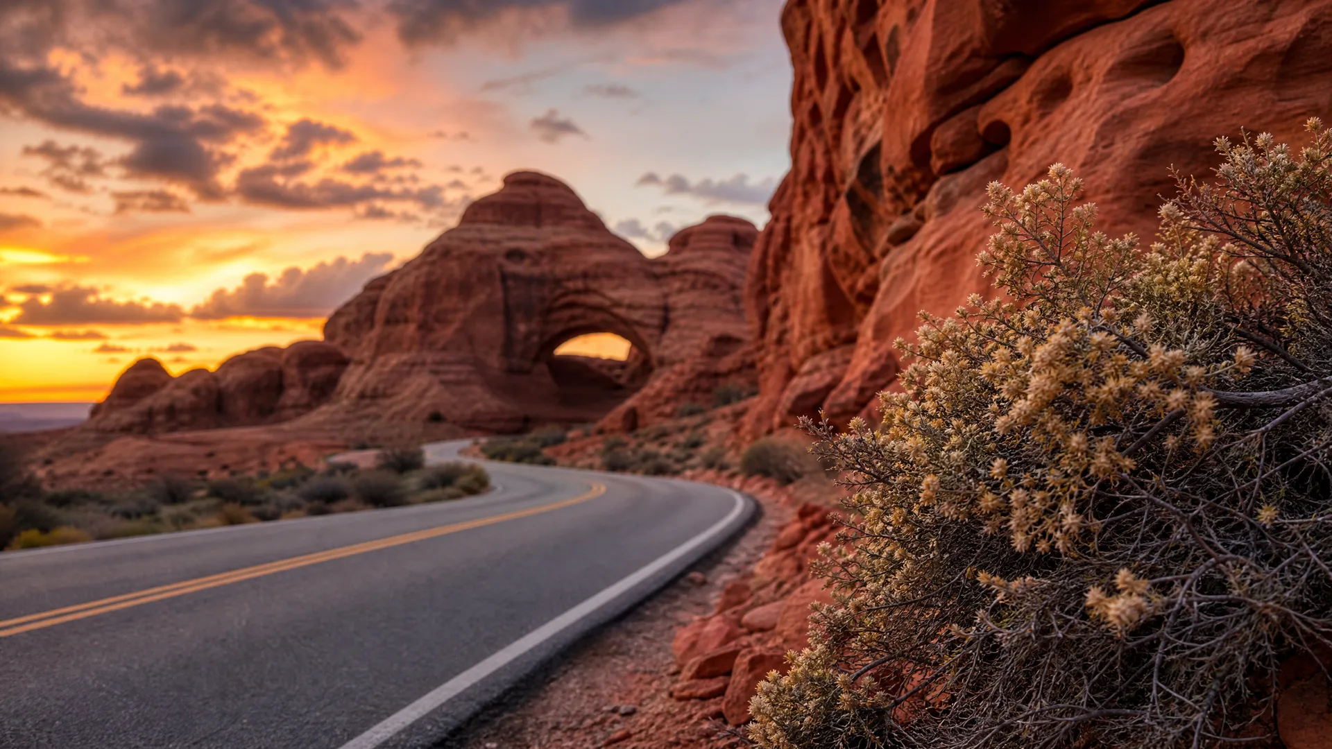 A two-lane road with yellow center lines curves past red sandstone formations, including an arch, with desert scrub in the foreground under an orange sunset sky.