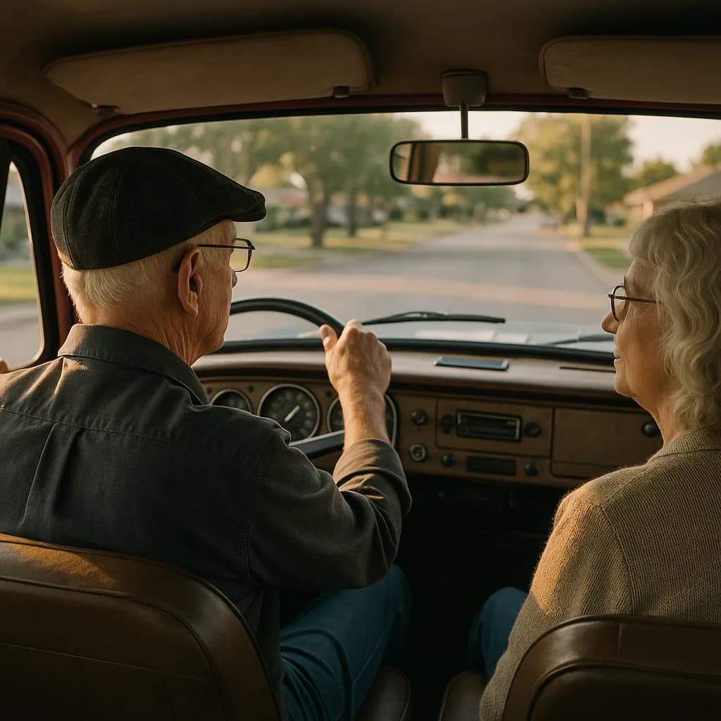 Elderly couple driving together in vintage car, viewed from behind in warm golden lighting