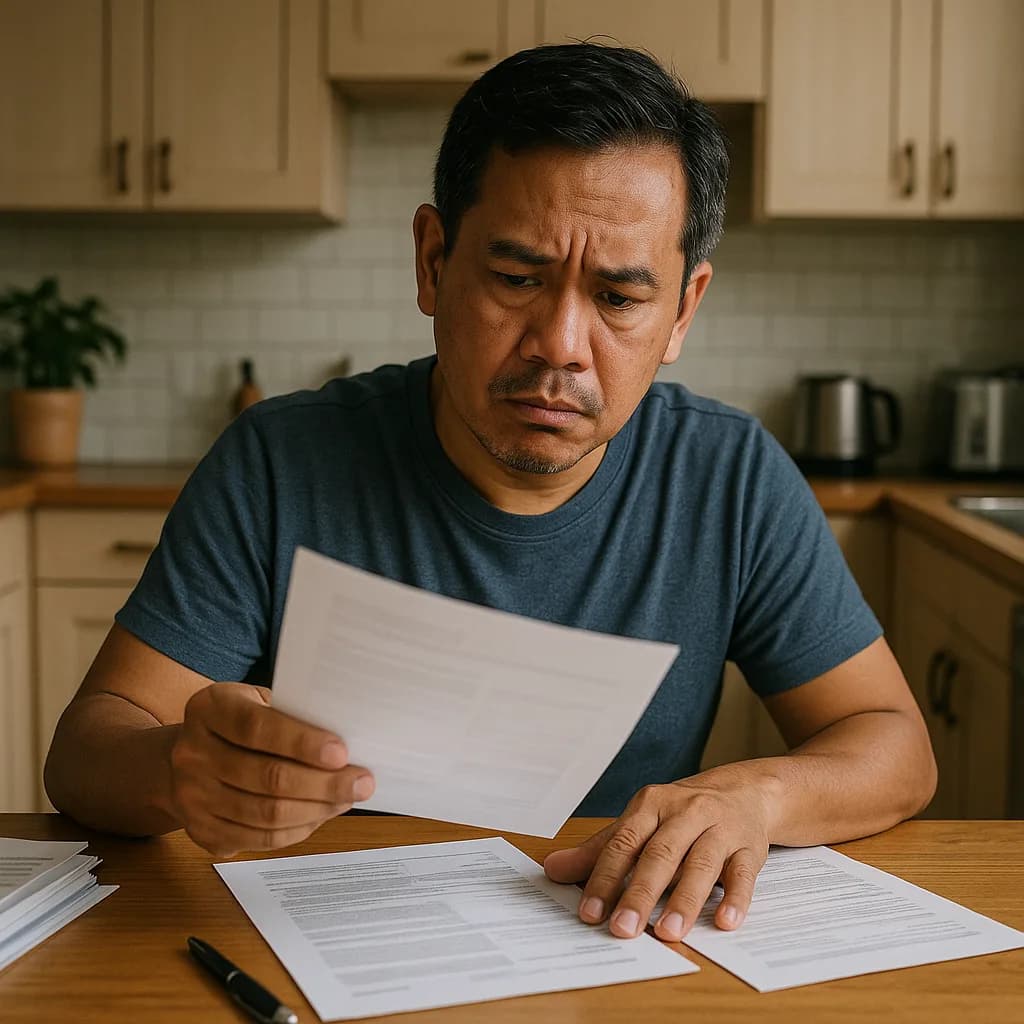 Man reviewing financial documents with concerned expression at kitchen table